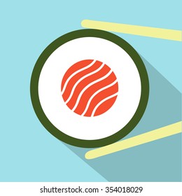 Flat icon of sushi on a blue background.Vector illustration of a sushi roll with chopsticks.