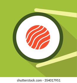 Flat icon of sushi on a green  background.Vector illustration of a sushi roll with chopsticks.