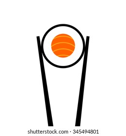 Flat icon of a sushi salmon roll and chopsticks