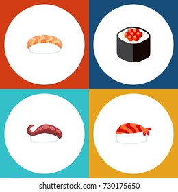 Flat Icon Sushi Set Of Japanese Food, Seafood, Sashimi And Other Vector Objects. Also Includes Rolls, Food, Maki Elements.