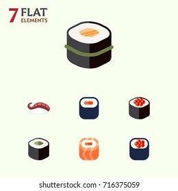 Flat Icon Sushi Set Of Maki, Eating, Salmon Rolls And Other Vector Objects. Also Includes Maki, Sashimi Elements.