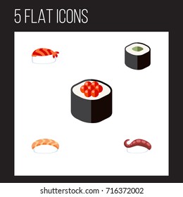 Flat Icon Sushi Set Of Seafood, Sashimi, Salmon Rolls And Other Vector Objects. Also Includes Eating, Japanese, Gourmet Elements.