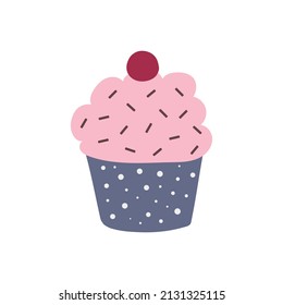 Icono plano muffin dulce con cerezo aislado en fondo blanco. Ilustración vectorial.