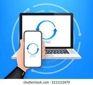 Flat icon with sync smartphone for mobile device design. Digital technology background. Information technology concept.