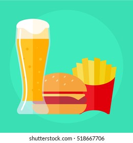 flat icon take away set, beer with burger and fries