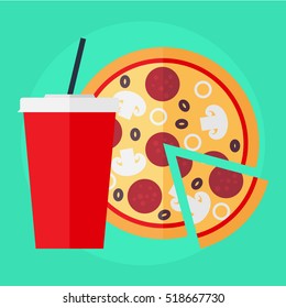 flat icon take away set, cola with pizza