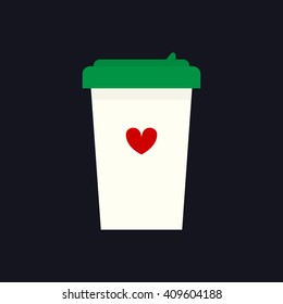 Flat icon of takeaway coffee cup with a red heart on it