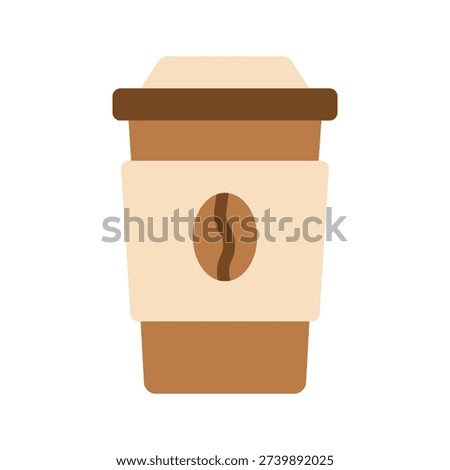 Flat icon of a takeaway coffee cup featuring a coffee bean logo. Ideal for café menus, coffee shop branding, takeaway drink visuals, and promotional designs.