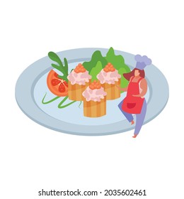 Flat icon with tasty restaurant dish on plate and character vector illustration