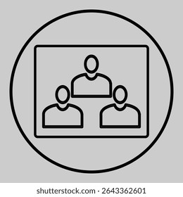 Ícone plano de uma reunião de equipe ou discussão em grupo em um emblema circular.