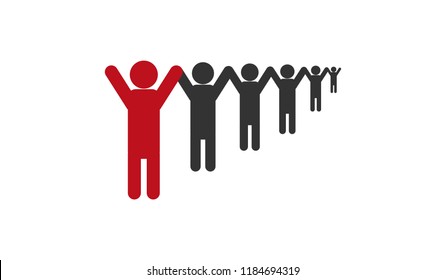 A flat icon of teamwork. Silhouettes of a team of people holding hands