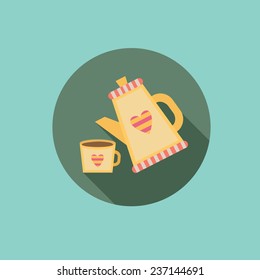 Flat icon of teapot and cup. Vector illustration.