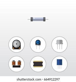 Flat Icon Technology Set Of Coil Copper, Receptacle, Microprocessor And Other Vector Objects. Also Includes Copper, Unit, Fiildistor Elements.
