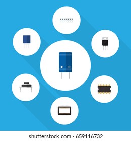 Flat Icon Technology Set Of Mainframe, Transistor, Memory And Other Vector Objects. Also Includes Random, Processor, Resistor Elements.
