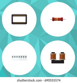 Flat Icon Technology Set Of Mainframe, Coil Copper, Resistance And Other Vector Objects. Also Includes Electronics, Access, Unit Elements.