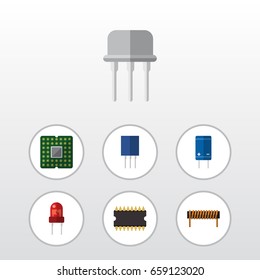 Flat Icon Technology Set Of Microprocessor, Bobbin, Recipient And Other Vector Objects. Also Includes Fiildistor, Copper, Set Elements.