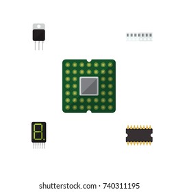Flat Icon Technology Set Of Microprocessor, Receiver, Calculate And Other Vector Objects. Also Includes Unit, Calculator, Memory Elements.