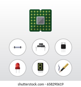Flat Icon Technology Set Of Resistor, Destination, Repair And Other Vector Objects. Also Includes Central, Unit, Soldering Elements.