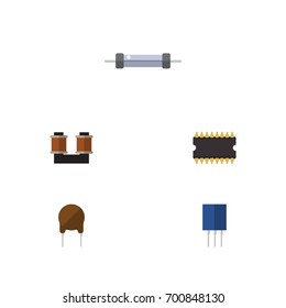 Flat Icon Technology Set Of Resistor, Triode, Coil Copper And Other Vector Objects. Also Includes Central, Copper, Transistor Elements.