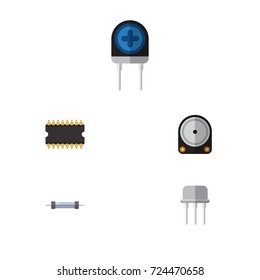 Flat Icon Technology Set Of Resistor, Microprocessor, Transducer And Other Vector Objects. Also Includes Transducer, Semiconductor, Electronics Elements.