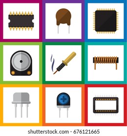 Flat Icon Technology Set Of Transducer, Resist, Triode And Other Vector Objects. Also Includes Coil, Bobbin, Hdd Elements.