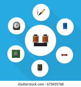 Flat Icon Technology Set Of Unit, Repair, Display And Other Vector Objects. Also Includes Calculator, Drive, Transistor Elements.