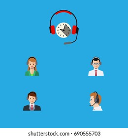 Flat Icon Telemarketing Set Of Hotline, Secretary, Telemarketing And Other Vector Objects. Also Includes Headset, Operator, Headphone Elements.