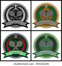Flat icon tennis.
The heraldic image of sports equipment with the text in the foreground.