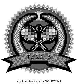 Flat icon tennis.
The heraldic image of sports equipment with the text in the foreground.