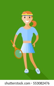 Flat icon of tennis player character standing full length isolated.  Female tennis player character smiling