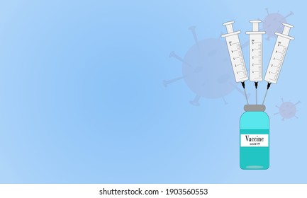 Flat icon three syringes in a vial with a vaccine. Isolated on a blue background. Copy space. Place for text.