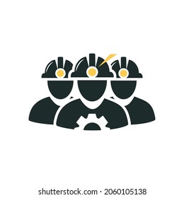 Flat icon with three workers in helmets with ray of light. Professional builder, miner, metallurgist team, safety concept. Vector