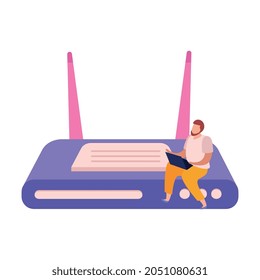 Flat icon with tiny character sitting on wifi router vector illustration