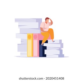 Flat icon with tired from paper work man sitting on pile of documents vector illustration