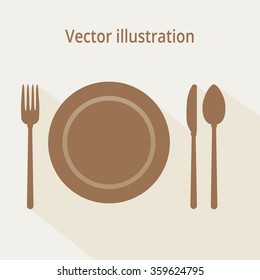 Flat icon with title. plate, knife and fork and spoon with shadow