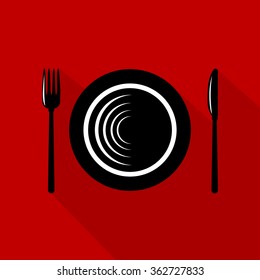 Flat icon with title. plate, knife and fork . Dishware