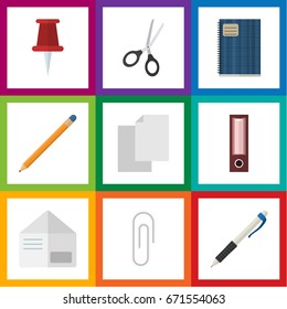 Flat Icon Tool Set Of Clippers, Drawing Tool, Fastener Page And Other Vector Objects. Also Includes Binder, Clippers, Scissors Elements.