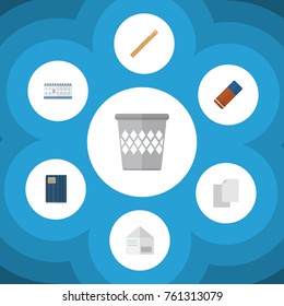 Flat Icon Tool Set Of Date Block, Straightedge, Trashcan And Other Vector Objects. Also Includes Letter, Basket, Eraser Elements.