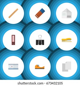 Flat Icon Tool Set Of Duct, Date Block, Dossier And Other Vector Objects. Also Includes Blank, Eraser, Dossier Elements.