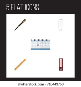 Flat Icon Tool Set Of Nib Pen, Fastener Page, Dossier And Other Vector Objects. Also Includes Folder, Clip, Ruler Elements.