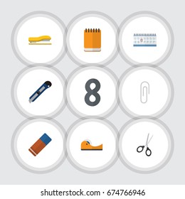 Flat Icon Tool Set Of Notepaper, Knife, Sticky And Other Vector Objects. Also Includes Cutting, Memo, Staple Elements.