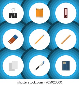 Flat Icon Tool Set Of Notepaper, Drawing Tool, Pencil And Other Vector Objects. Also Includes File, Memo, Notebook Elements.