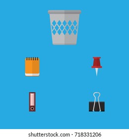 Flat Icon Tool Set Of Paper Clip, Dossier, Notepaper And Other Vector Objects. 