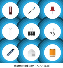 Flat Icon Tool Set Of Pencil, Knife, Fastener Page And Other Vector Objects. Also Includes Write, Pushpin, Dossier Elements.