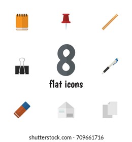 Flat Icon Tool Set Of Pencil, Rubber, Pushpin And Other Vector Objects. Also Includes Eraser, Notepad, Pen Elements.
