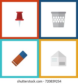 Flat Icon Tool Set Of Pushpin, Rubber, Trashcan And Other Vector Objects. Also Includes Envelope, Rubber, Delete Elements.