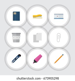 Flat Icon Tool Set Of Sheets, Supplies, Knife And Other Vector Objects. Also Includes Almanac, Staple, Date Elements.