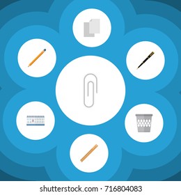 Flat Icon Tool Set Of Sheets, Straightedge, Date Block And Other Vector Objects. Also Includes Pen, Paper, Ruler Elements.