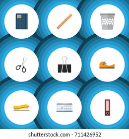 Flat Icon Tool Set Of Straightedge, Trashcan, Date Block And Other Vector Objects. Also Includes Tool, Tape, Bin Elements.