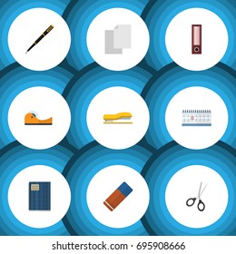 Flat Icon Tool Set Of Supplies, Nib Pen, Rubber And Other Vector Objects. Also Includes Adhesive, Notepad, Dossier Elements.